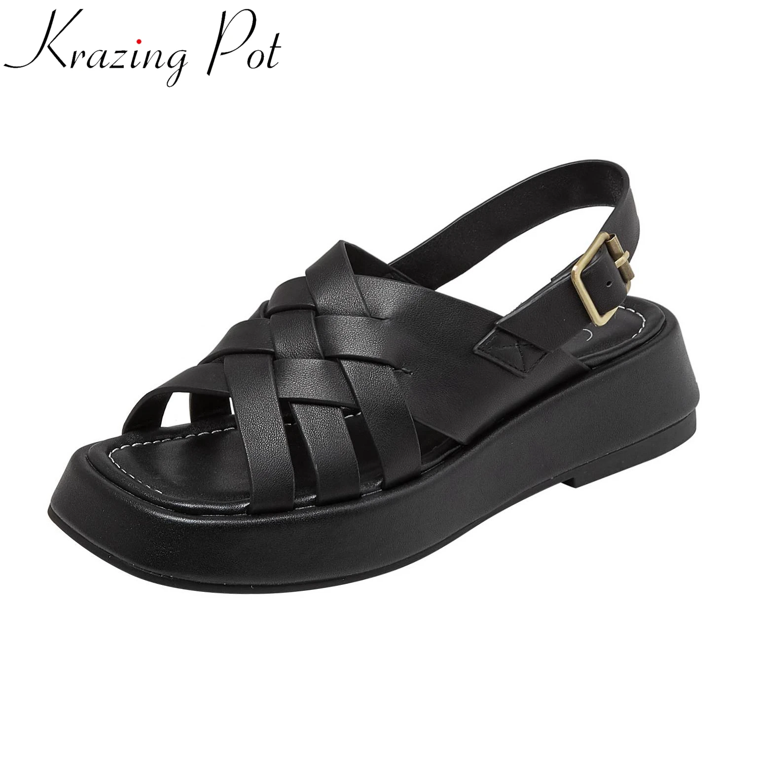 

Krazing Pot 2022 genuine leather med heels buckle strap peep toe thick bottom platform gladiator fashion girls leisure sandals
