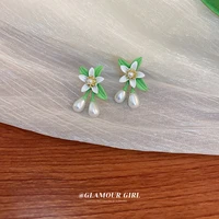 trendy style green camellia flower stud earrings pearl flower big brand eesign earring boucle femme pendante chic jewelry