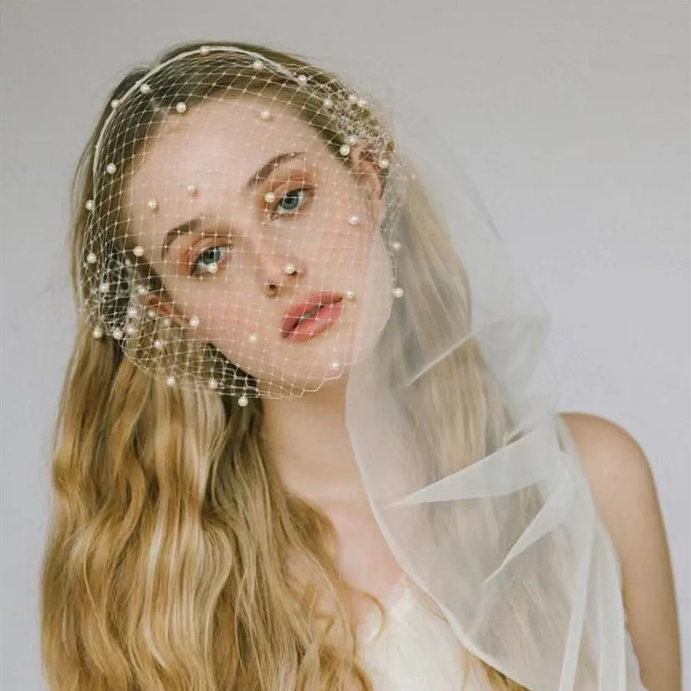 

White Wedding Headband Veil Black Face Veil For Bride Charming Headwear Accessories Elegant Rhinestone Birdcage Pearl Veil