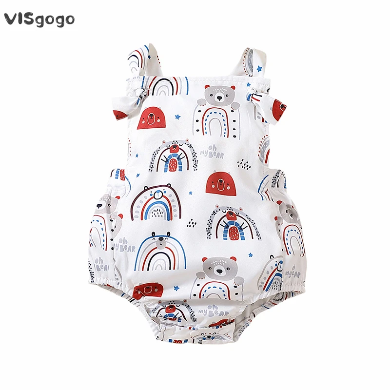 

VISgogo 0-18 Months Baby Boys Girls Cute Romper Sleeveless Backless Square neck Bear Print Bodysuit Newborn Summer Clothes