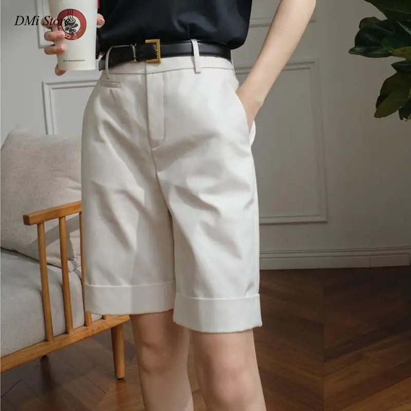 White Black Casual Short Pants Women Fashion Women's Summer Shorts High Waist Knee Length Straight Pants with Belt Office Khaki