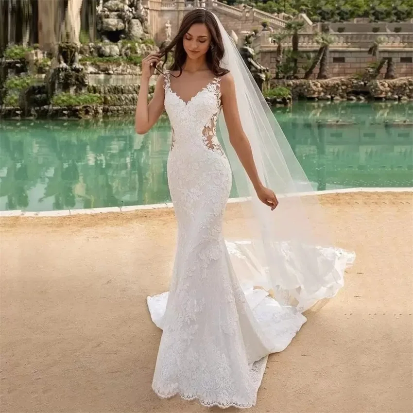 

Boho Beach Wedding Dress Full Appliques Lace V Neck Backless Bridal Gowns Mermaid Tulle Vestito Da Sposa Custom Made