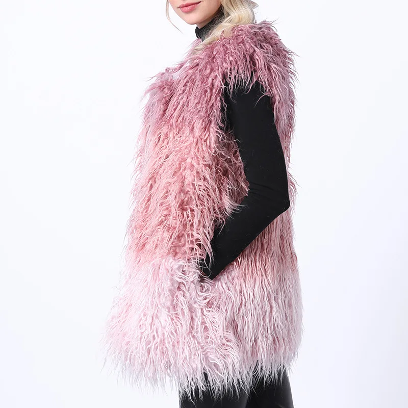 Women's Fur Vest Faux Fur Coat Women's Mid-Length Furry Fur Clothing Vest Faux Fur Coat