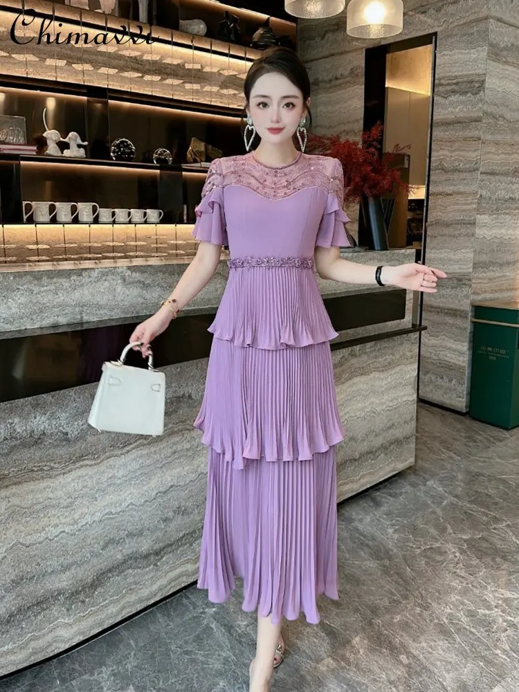 Socialite Elegant Dress 2023 Summer Fashion Purple Lace Sequin Stitching Pleated Tiered Dress High Waist Slim Elegant Long Dress