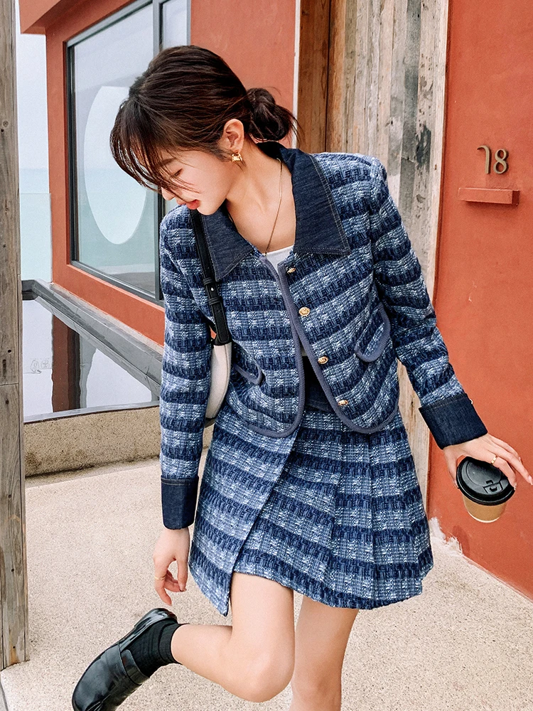 Blue Plaid Graceful Leisure Dress Outfit Women 2024 Autumn New French sle Advanced Sense Skirt Two-piece Set