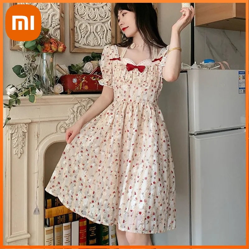 

Xiaomi French Vintage Princess Dress Women Sweet Floral Print Fairy Party Dress Korean Bow Beach Holiday Elegant Dresses Women