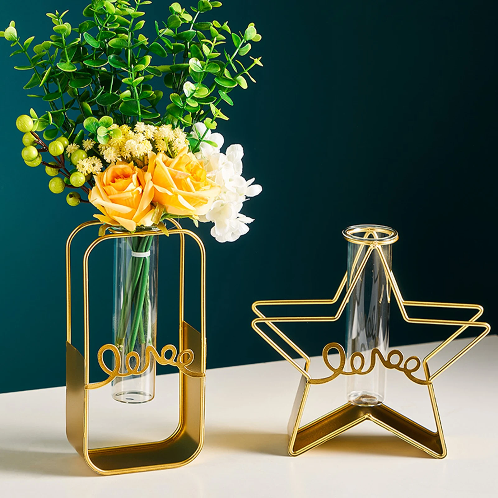 

1pcs Geometric Vase Crystal Glass Test Tube Vase Metal Stand Flower Pots For Hydroponic Plants Home Garden Decoration
