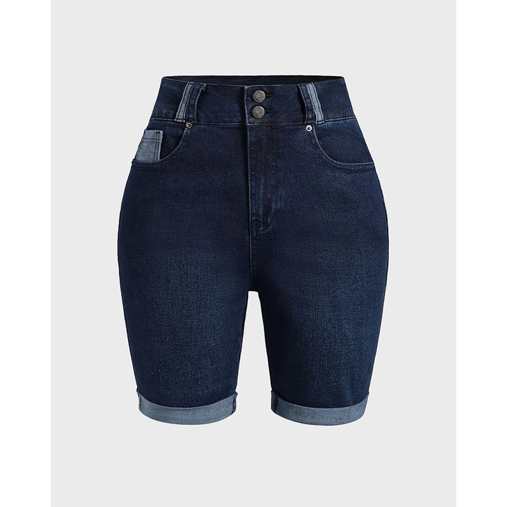 Summer Holiday Jeans Shorts Women Contrast Paneled Pocket Design Denim Casual Cuffed Shorts High Waist Skinny Hot Pants Fashion
