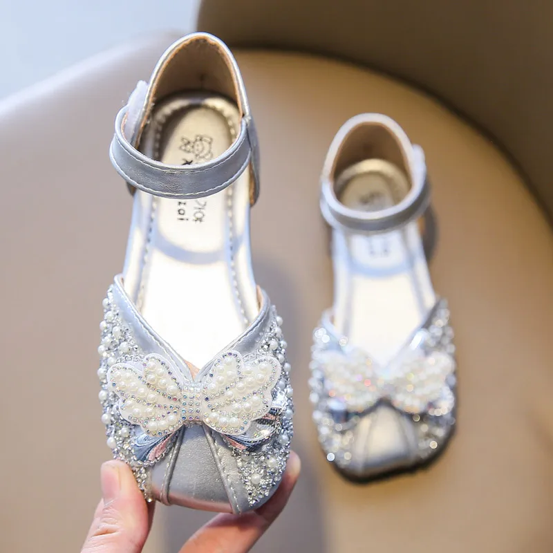 

1-6y Baby Party Flats Shoes Toddlers Little Girls Sandals Fashion Bowtie Rubber Flatform Sandalias Size 21-36# Silver,Gold