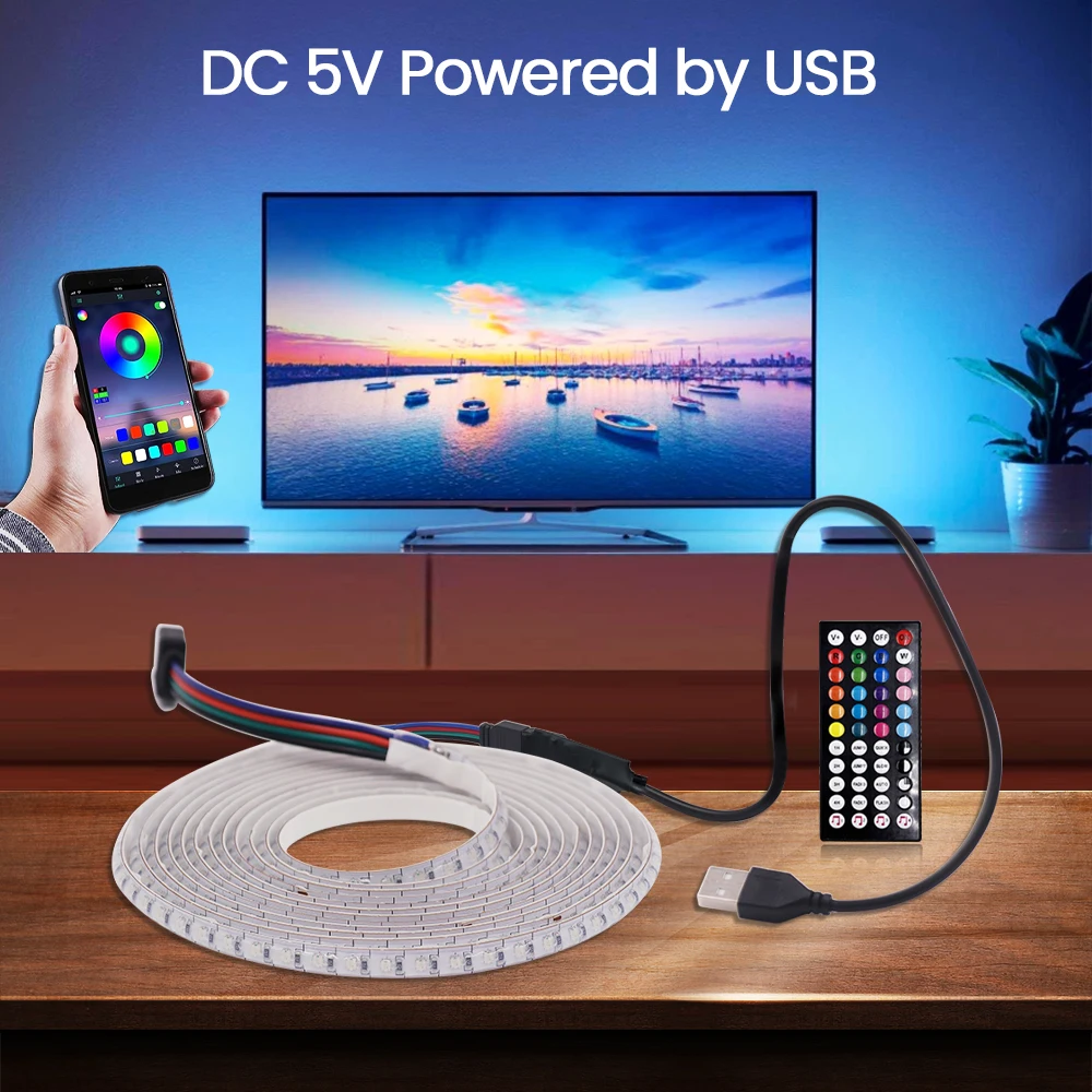 Фото Светодиодная лента COB RGB 5В, 5 мм, 180 светодиодов/м, с Bluetooth-управлением через приложение, 44-клавишным пультом ДУ, USB-контроллером, комплект 0.5/1/2/3/4/5 м с 4-контактными ленточными кабелями №3