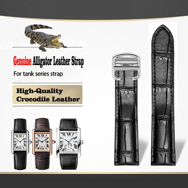 Genuine Leather Watch Strap for CARTIER Tank Solo  Men Lady Deployant Clasp Alligator Leather Luxury Strap Watch Accessories