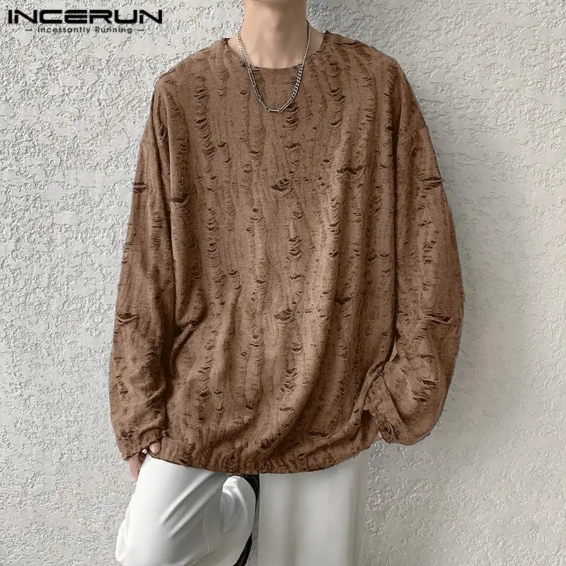 Топы INCERUN 2024 красивые мужские повседневные однотонные футболки в Корейском стиле