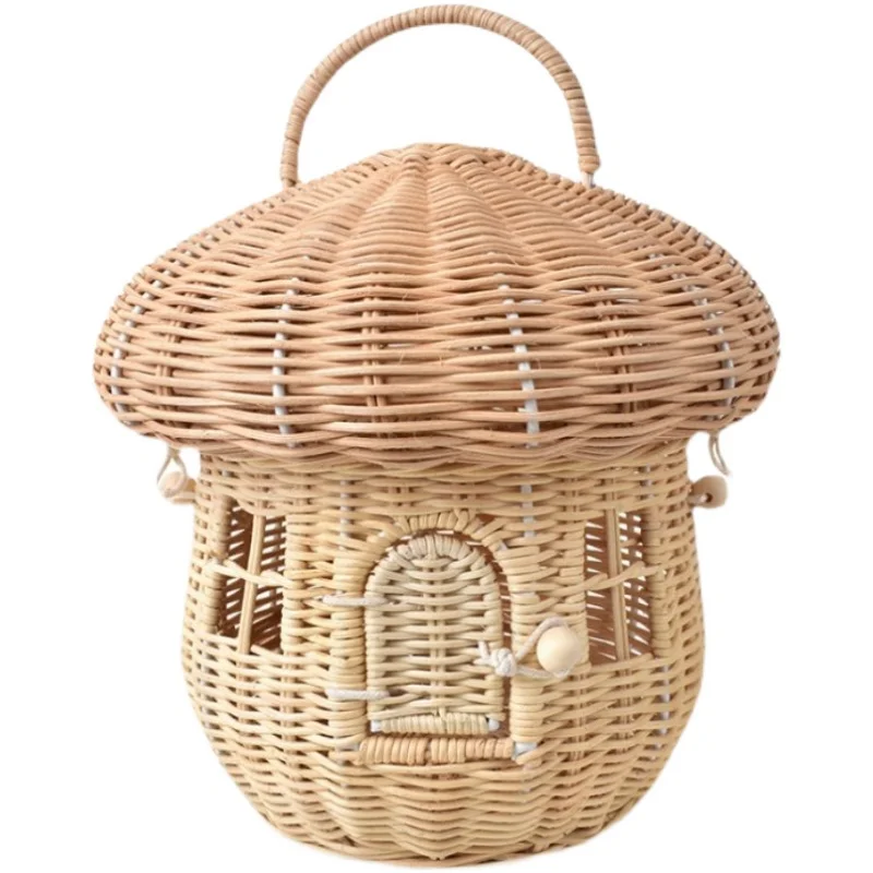 

Fashion Rattan Mushroom Basket Bag Designer Wicker Woven Women Handbags Lovely Summer Beach Straw Bag Bali Holiday Box Purses