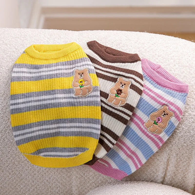 

Осенняя одежда для собак 2022, свитер в полоску с принтом медведя, жилет из пряжи для чихуахуа для маленьких и средних собак, теплая одежда для ...