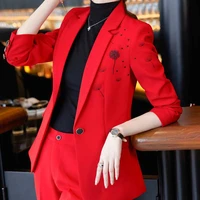 autumn winter formal ladies red flowers blazer women business suits with sets work wear office uniform 5xl size pants jacket