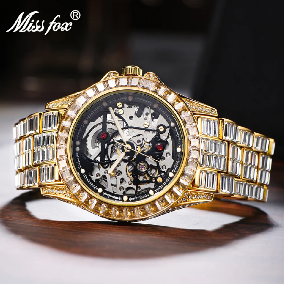 

Men's Mechanical Watches Gold Luxury Ice Baguette Wristwatch Skeleton Movement Waterproof Tourbillon Watch For Man Dropshipping