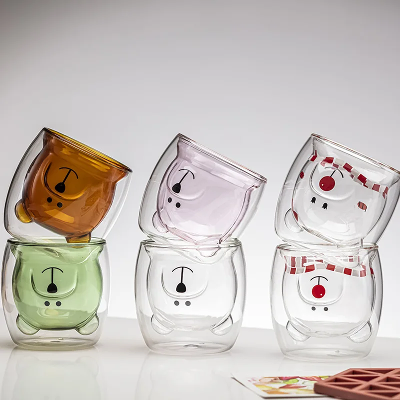 

Креативная чашка с молоком, животным, стеклянная кружка для пива в виде кошки, стеклянная кофейная кружка, двухслойный подарок, 250 мл, День Святого Валентина, милый двойной медведь