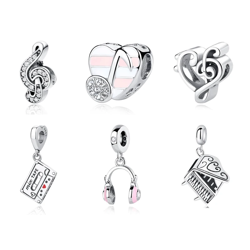 

925 Sterling Silver Charms Beads Original Music Notes Piano Headphone Charm Fit Pandora Bracelet Necklace Diy Jewelry For Women