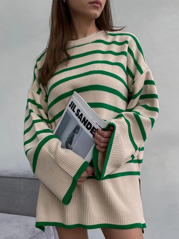 

Winter Clothes Women Sweaters New Korean Fashion O-Neck LOOSE Stripe Knit Pulls Pullover Long Sleeve Top OverSize Sweater Jumper