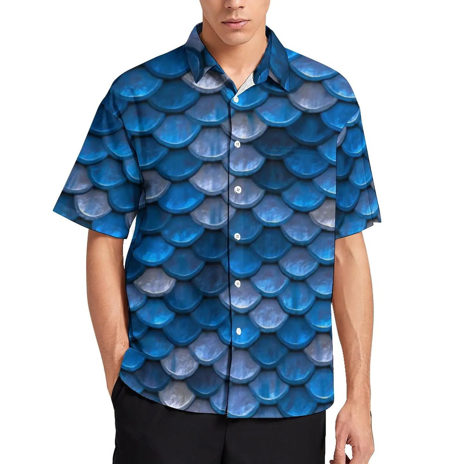 

Blue Silver Mermaid Casual Shirts Magical Fish Scales Hawaiian Shirt Short Sleeves Retro Blouses Mens 3XL 4XL