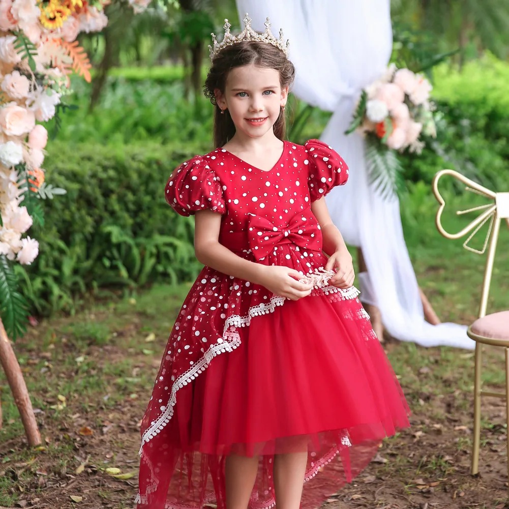 

Party Dress for Kids Girl Flower Girl Dresses for Weddings Polka Dots Trailing Princess Dress Lace Elegant Christmas Costume