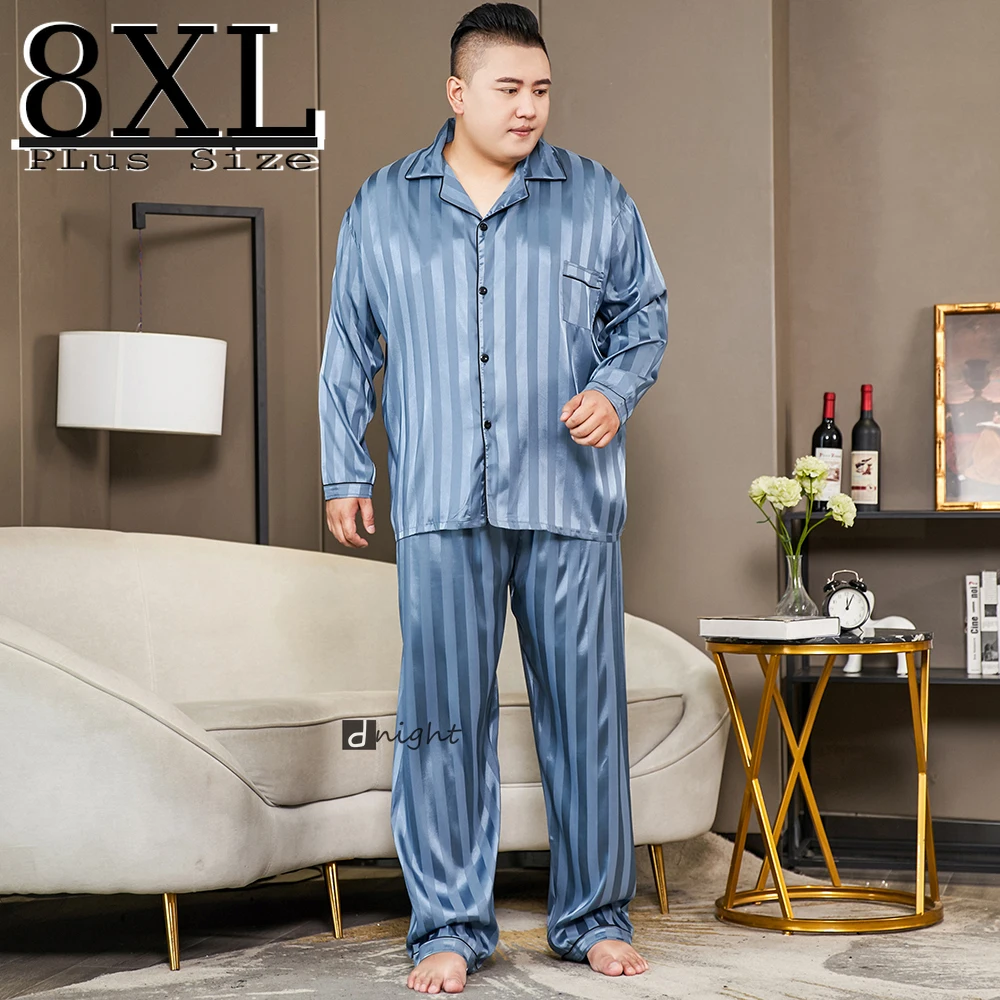 

Men's Pajamas Sleepwear Silk Satin Long Button-Down Pyjamas Suit Pijama Men Loungewear Plus oversize 8XL Home Clothing Pj Set