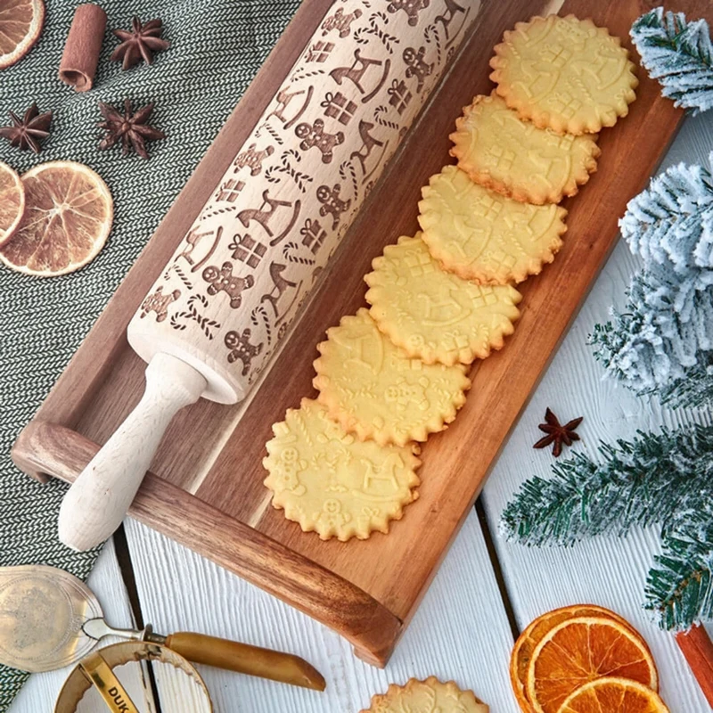 Laser Engraving Wooden Rolling Pin Christmas Element Embossed Rolling Pin Delicate Professional Dough Roller for Kitchen