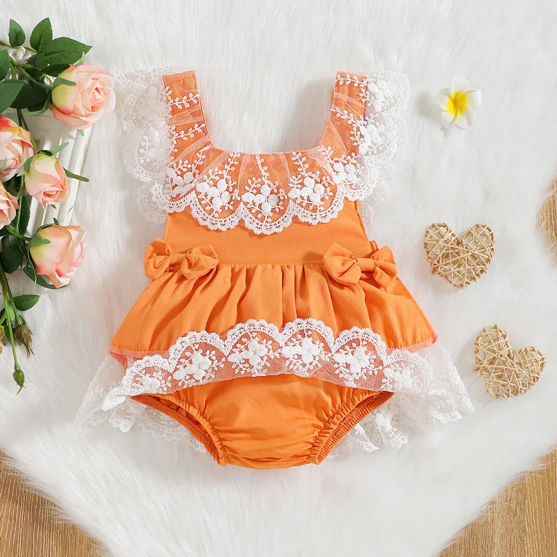 

New born Summer baby Toddler romper little Girls Jumpsuit Fashion Lace Cute Bow Sling Orange Jumpsuit Clothing Children clothes