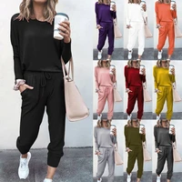 spring autumn women ladies two pieces suit loose solid color long sleeve sweatshirt drawstring pants female casual sports wear