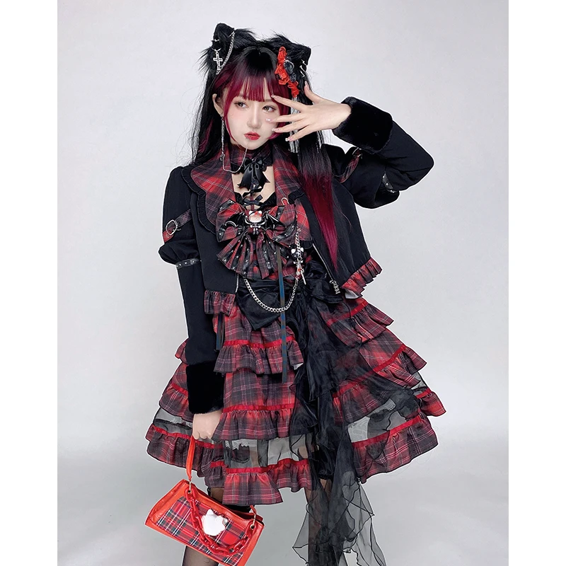 Japanese Gothic Punk Lolita Dresses Victorian Women Chic Puff Long Sleeve Crop Jackets Coat Kawaii Bow Bandage Plaid Cake Dress