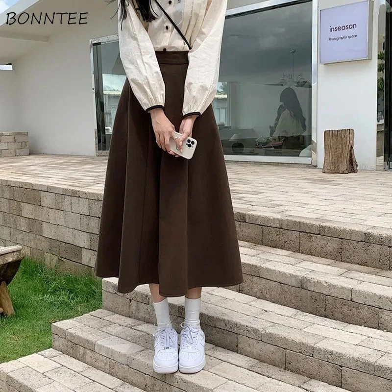 

Long Skirt Women Midi A-line Solid All-match Soft French Elastic Waist Female Tender Clothes Autumn Korean Style Empire Faldas