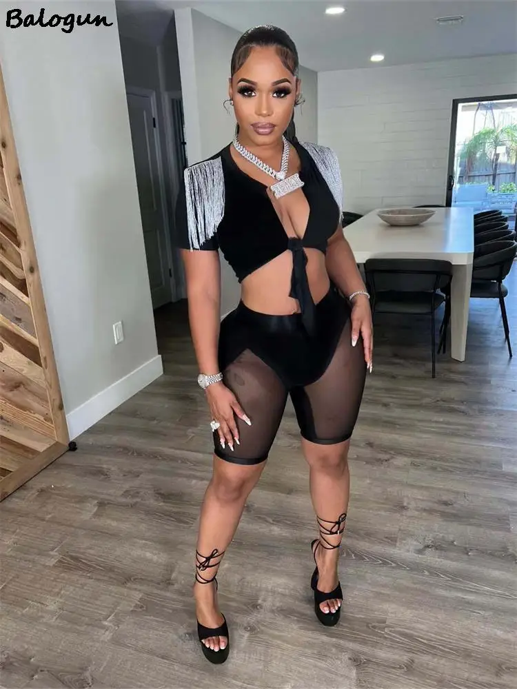 

Balogun Summer Sexy Black Two Piece Set Women Outfits 2 Piece Sets Tassels Crop Tops Short Pants Womens Outfits Matching Sets