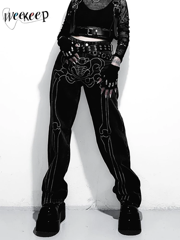 

Weekeep Black Goth Denim Jeans Skull Print Straight Cargo Pants Punk Style Low Rise Streetwear Casual Pants Women Dark Aesthetic