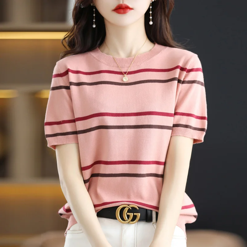 

LHZSYY 100%Cotton Thread Knit Short-Sleeve Ladies Round Neck Thin Pullovers 2022 Summer New Cotton T-Shirt Women Loose Wild Tops