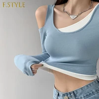 f girls t shirts women slim sexy lady crop top new design asymmetrical patchwork stretchy all match casual streetwear style ins