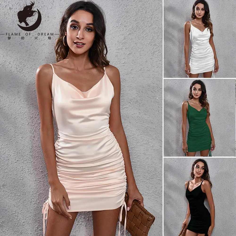 

Flame of dream Satin V-neck One-step dress Women's Satin Suspender Dress 22501