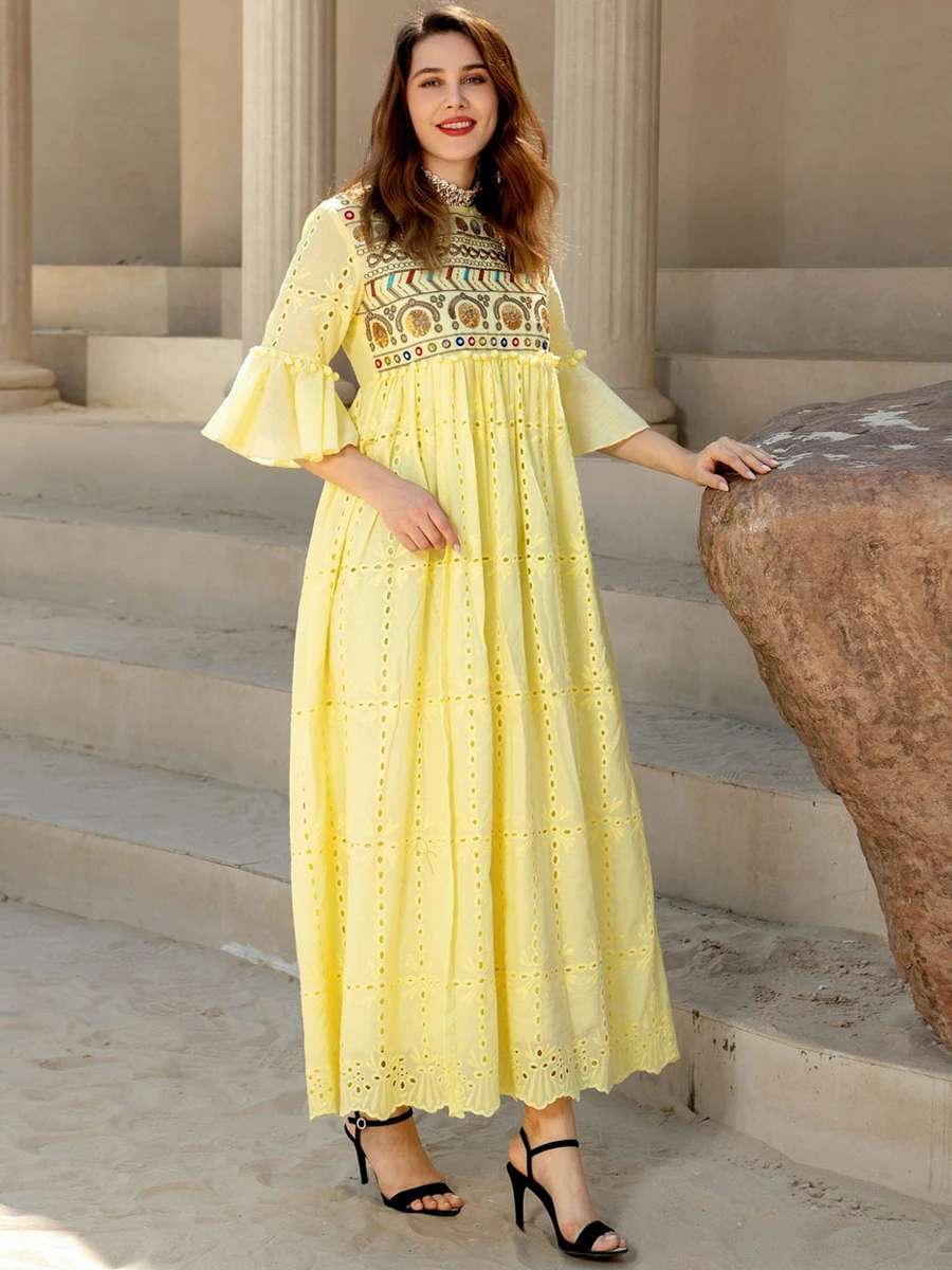 Женское хлопковое платье с вышивкой длинное в стиле бохо блестками Вечернее