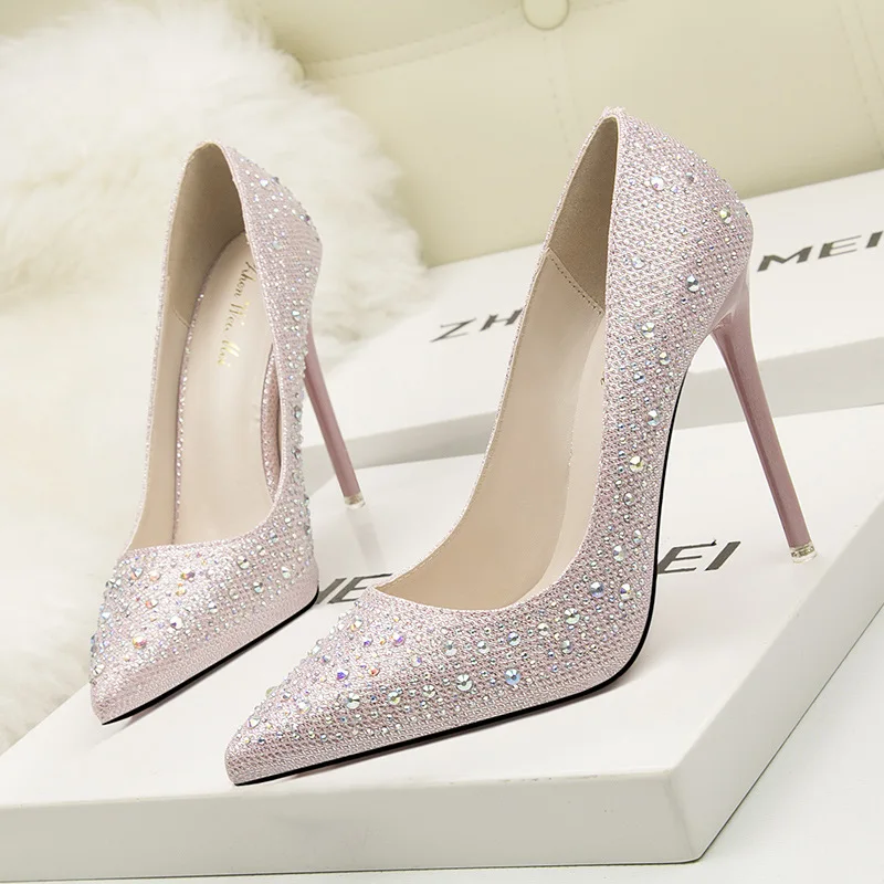 Women Fashion Sweet Delicate Elegant Stiletto Heel High Shoes Low-Cut Slimming Pointed Heel Colorful Crystals Rhinestone Wedding