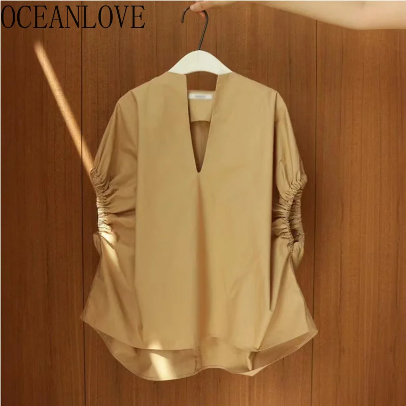

V Neck Blouses Women Tops Batwing Sleeve Solid Summer Loose Blusas Mujer Korean ashion Casual Retro Shirts
