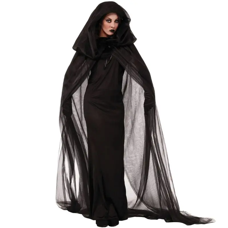 

Women Halloween Witch Demon Vampire Uniform Set Black Sleeveless Long Dress Hooded Cape Cloak with Gloves Party Scary Cosplay