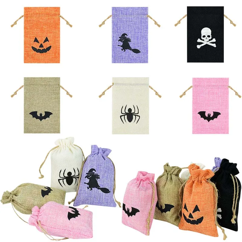 

5Pcs/lot Pumpkin Witch Skeleton Spider Bat Jute Burlap Gift Bag Drawstring Candy Pouches For Halloween Decoration Party Supplies