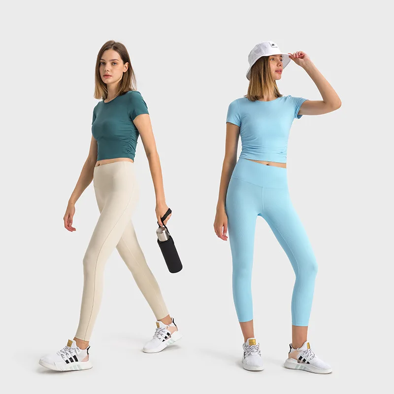 

Spring, summer, rib side waist drape sports show thin female fitness yoga suit jacket with short sleeves