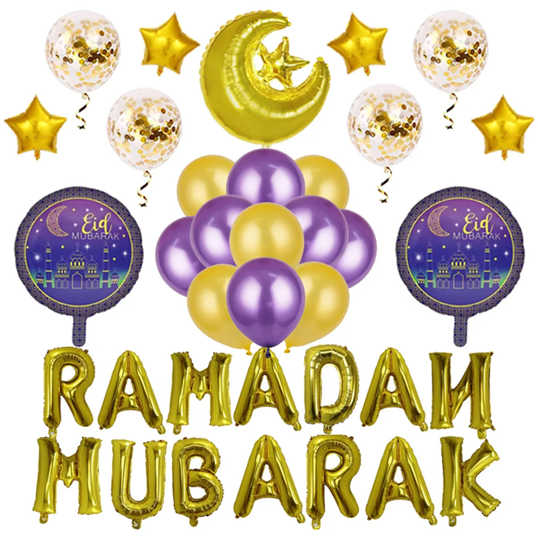 

EID MUBARAK Balloon Party Decoration with Gold RAMADAN MUBARAK Moon Star Foil Balloon Banner for Ramadan Festival Party Supplies