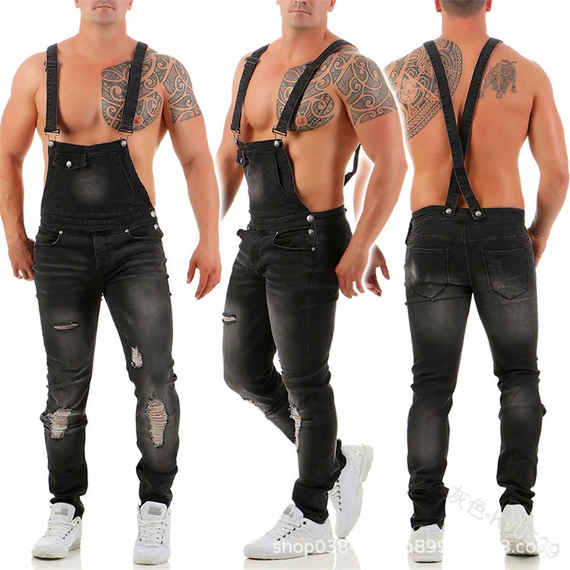 New Spaghetti Strap Jeans Jumpsuit for Men Ripped Trousers Trendy Mens Overalls  Vintage Jeans Men