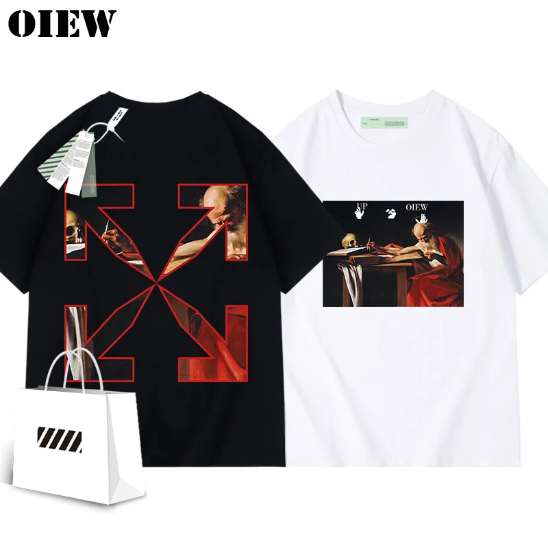 

Design Sense Caravaggio Religious Oil Painting T-shirt 21SS Striped Arrow OW Men Women Print Loose Cotton Short-sleeved Summer