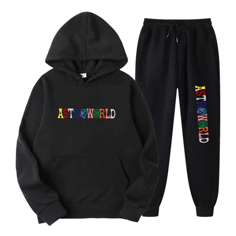 

TRAVIS SCOTT ASTROWORLD Hoodies Letters Print Sweatshirt+Sweatpant Men's 2Pcs Sets Tracksuit Hooded Sportswear Running Pants