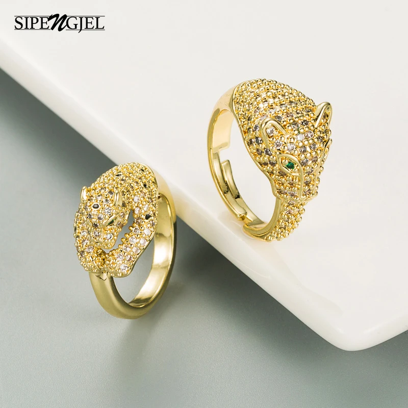 

SIPENGJEL Fashion Gold Color Metal White Zircon Leopard Head Open Ring Punk Vintage Adjustable Ring for Women Party Jewelry Gift