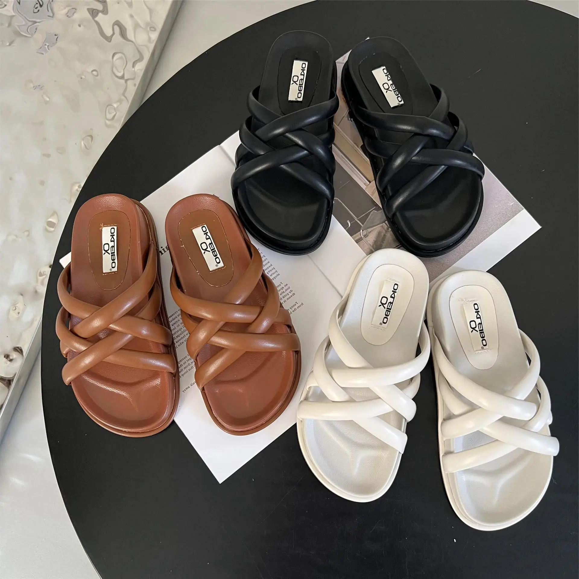 

Low Shoes Slippers Flat Fabric Rome PU Rubber Basic Flat Shoes Female Low Rome Rubber PU Fabric
