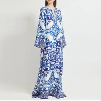 high quality spring womens round neck long sleeve positioning blue and white porcelain print loose slit long dress