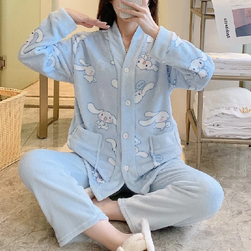 

Cartoon Sanrios Pajamas Women's Winter Flannel Cardigan Thickened Coral Fleece Cute Outer Wear Long-Sleeved Plus Size Home Suit